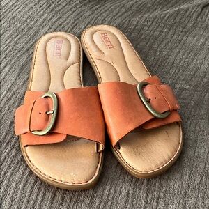 Born Papaya Orange Leather Slide Mules with Brass Buckles - Excellent Condition